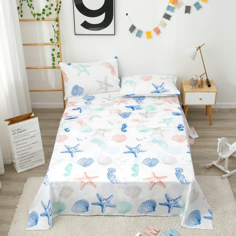 JSD Beach Theme Kids Printed Sheet Set Full, 4 Piece Starfish Jellyfish Coastal Summer Microfiber Bed Sheets Deep Pocket - Image 4